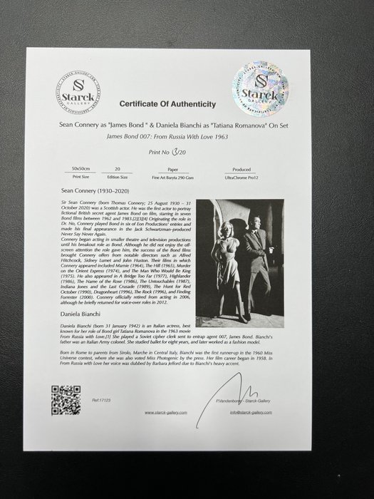 James Bond 007: From Russia with Love, Sean Connery as "James Bond "  Daniela Bianchi as "Tatiana Romanova" On Set - Fine Art Photography - Luxury Wooden Framed 70X50 cm - Limited Edition Nr 01 of 20 - Serial ID 17123 - Original Certificate (COA), Hologram Logo Editor and QR Code - 100% New it