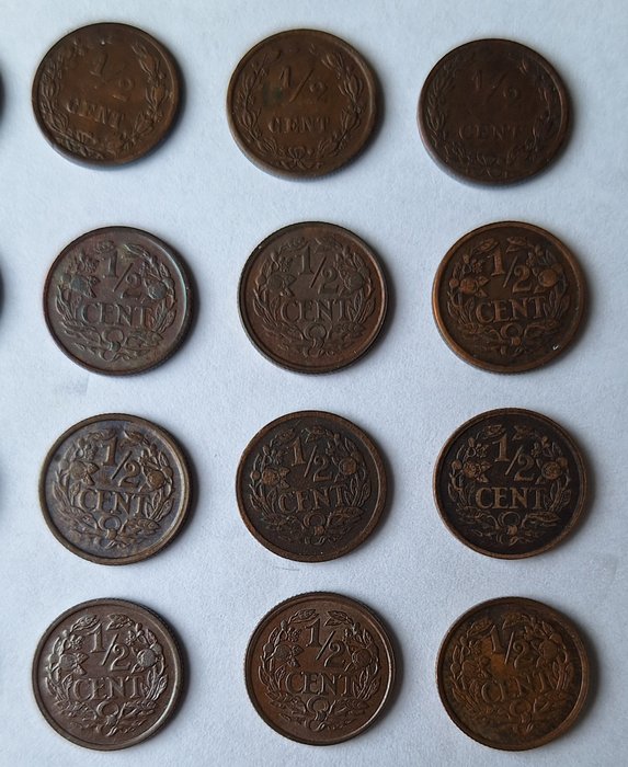 Holland Wilhelmina (1890-1948) 1/2 Cent 1891-1940 (22 stuks)  (Ingen mindstepris)