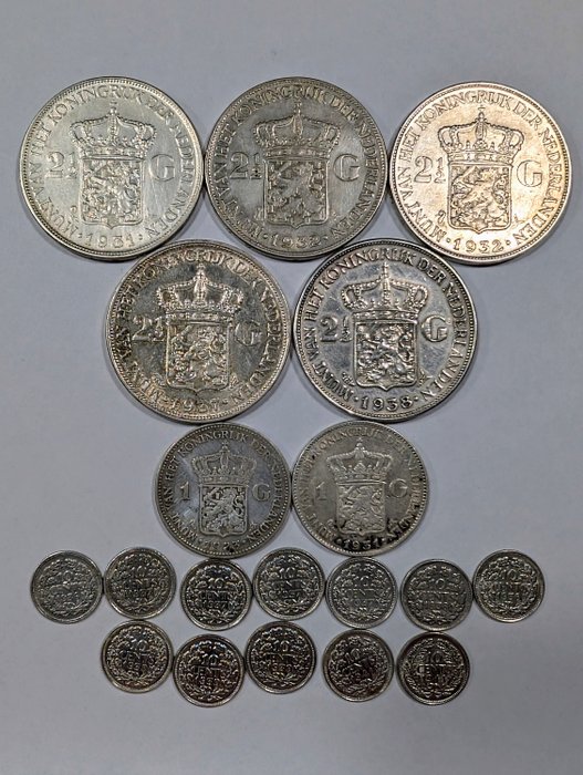 Holland. Wilhelmina. 2 1/2 Gulden / 1 Gulden / 10 Cent 1931-1944 (19 munten) All Silver