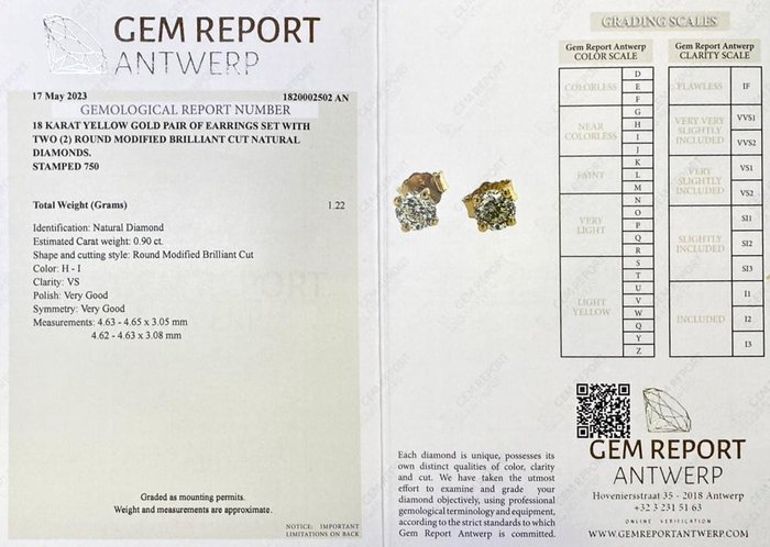 18 kraat Gulguld - Øreringe - 0.90 ct Diamant