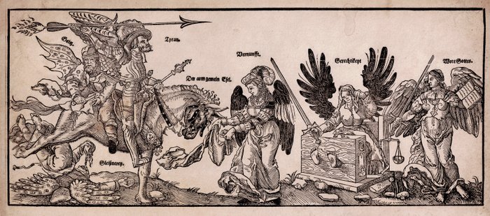 Peter Flötner (1485-1546) - Broadside : Allegory of tyranny usury and hypocrisy fighting reason and justice