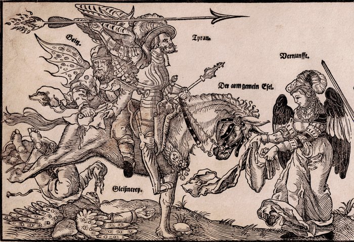 Peter Flötner (1485-1546) - Broadside : Allegory of tyranny usury and hypocrisy fighting reason and justice