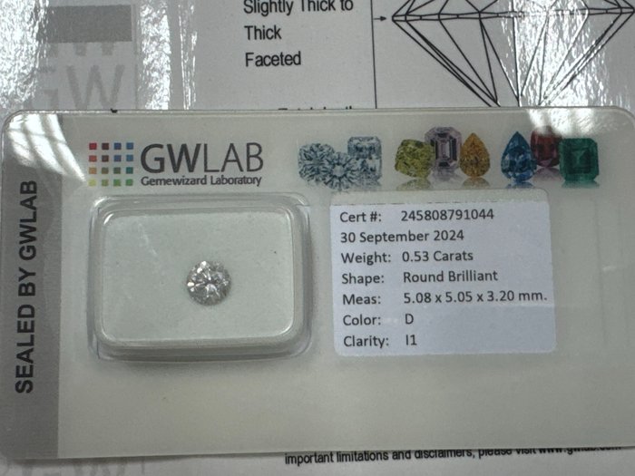 Ingen mindstepris - 1 pcs Diamant  (Natur)  - 0.53 ct - Rund - D (farveløs) - I1 - Gemewizard Gemological Laboratory (GWLab)