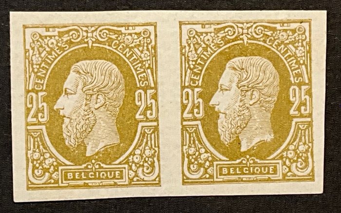 Belgien 1869/1883 - Leopold II 'New Types' - 25c Olivengul - UNPUTTED i PAR - OBP 32ND - met keurmerk BRUN