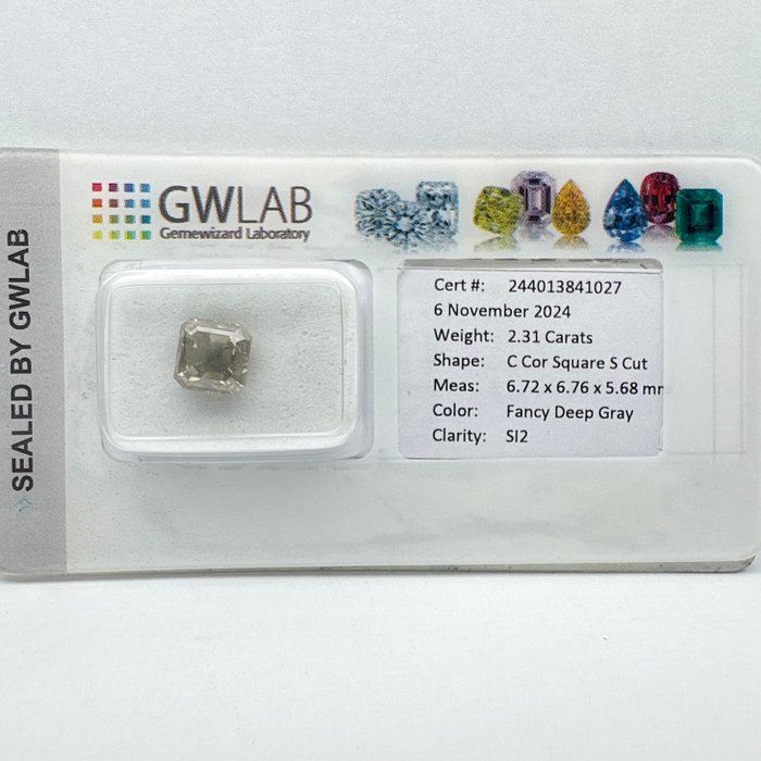 Ingen mindstepris - 1 pcs Diamant  (Naturfarvet)  - 2.31 ct - Firkantet med slebne hjørner - Fancy deep Grå - SI2 - Gemewizard Gemological Laboratory (GWLab)