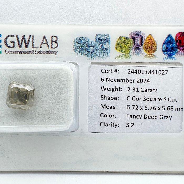 Ingen mindstepris - 1 pcs Diamant  (Naturfarvet)  - 2.31 ct - Firkantet med slebne hjørner - Fancy deep Grå - SI2 - Gemewizard Gemological Laboratory (GWLab)