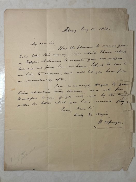 William Buell Sprague (1795-1876) American Congregational and Presbyterian clergyman - Autograph signed letter to Louis Borg, the Chancellor of the French Consulate in USA - 1840