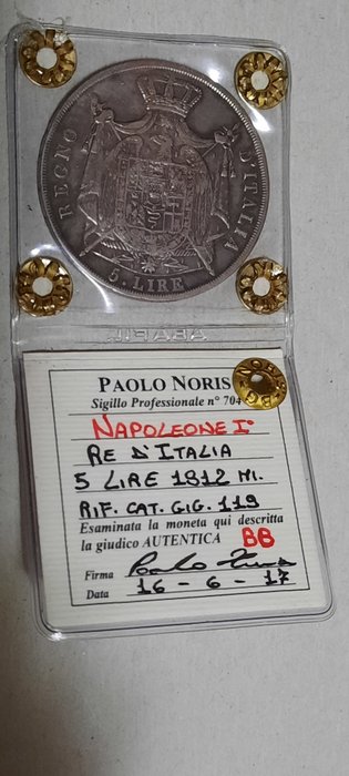 Italien, Kongeriget Italien (Napolitansk). Napoléon I (1804-1814). 5 Lire 1812 Milano  (Ingen mindstepris)