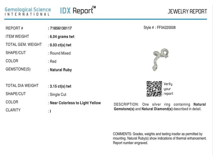 Ingen mindstepris - Ring Sølv -  3.18ct. tw. Diamant (Natur) - Rubin - Certificeret