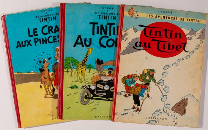 Tintin - Le Crabe aux pinces d'or [B11] / Tintin au Congo [B12] / Tintin au Tibet [B35] - 3 Albums - Genoptryk - 1954/1964