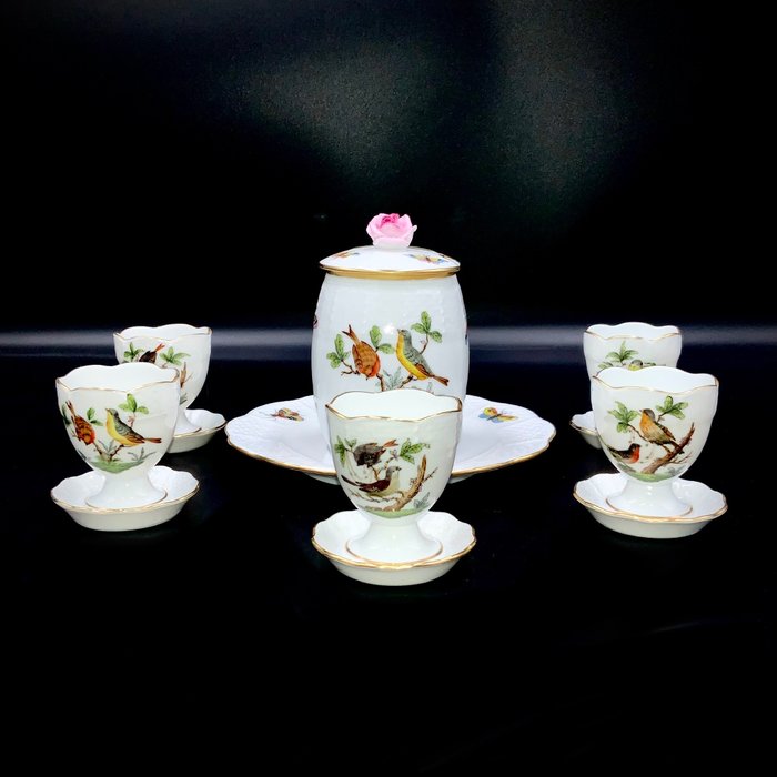 Herend - Magnificent Set of Egg Cups and Mustard/Creme Pot (6 pcs) - "Rothschild Bird" - Æggebæger sæt - Håndmalet porcelæn