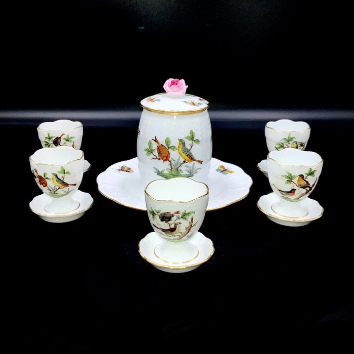 Herend - Magnificent Set of Egg Cups and Mustard/Creme Pot (6 pcs) - "Rothschild Bird" - Æggebæger sæt - Håndmalet porcelæn