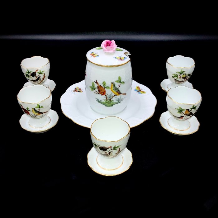 Herend - Magnificent Set of Egg Cups and Mustard/Creme Pot (6 pcs) - "Rothschild Bird" - Æggebæger sæt - Håndmalet porcelæn