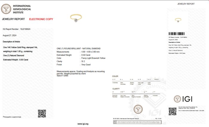 Ingen mindstepris - Ring - 14 karat Gulguld -  0.50ct. tw. Gul Diamant (Naturfarvet) - IGI