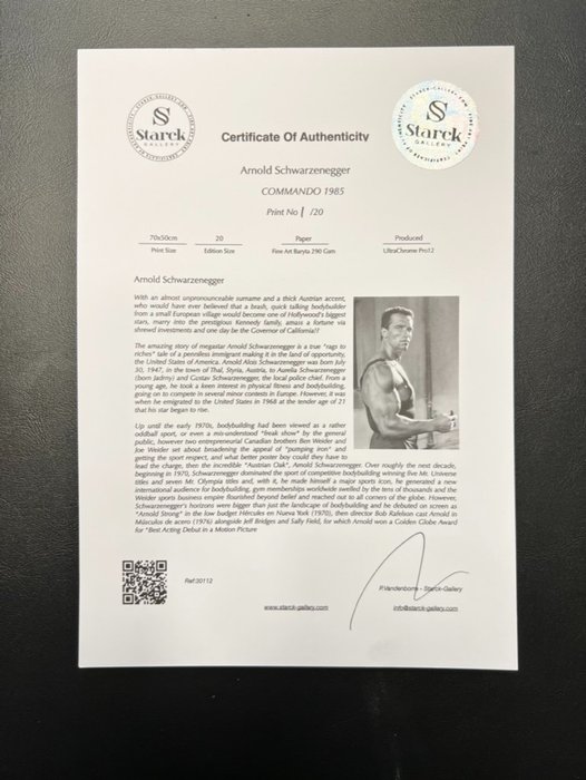 Commando (1985) - Arnold Schwarzenegger - Fine Art Photography - Luxury Wooden Framed 70X50 cm - Limited Edition Nr 02 of 20 - Serial ID 30112 - Original Certificate (COA), Hologram Logo Editor and QR Code - 100% New items.