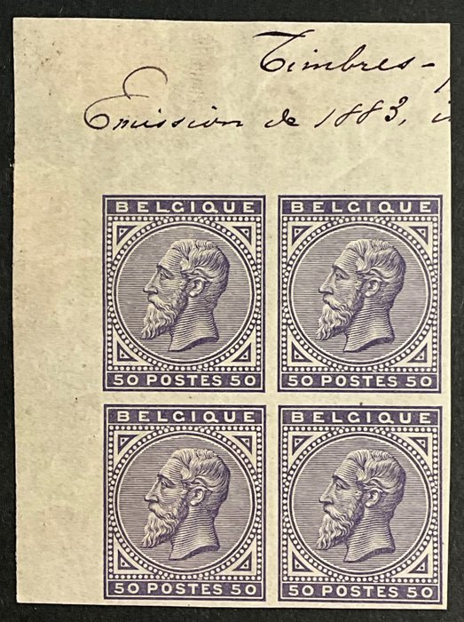 Belgien 1883/1883 - Leopold II "Nye typer" - 50c Light Violet - UNPUT blok af 4 med manuskriptgodkendelse - OBP 41ND - Museumstuk