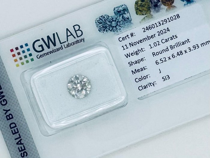 Ingen mindstepris - 1 pcs Diamant  (Natur)  - 1.02 ct - Rund - J - SI3 - Gemewizard Gemological Laboratory (GWLab)