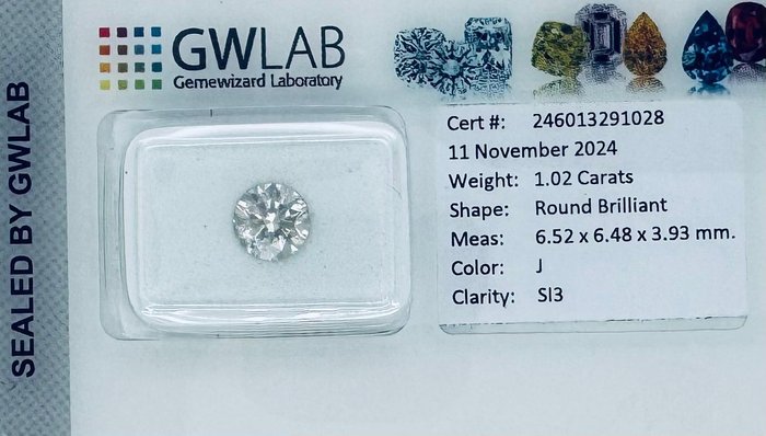 Ingen mindstepris - 1 pcs Diamant  (Natur)  - 1.02 ct - Rund - J - SI3 - Gemewizard Gemological Laboratory (GWLab)