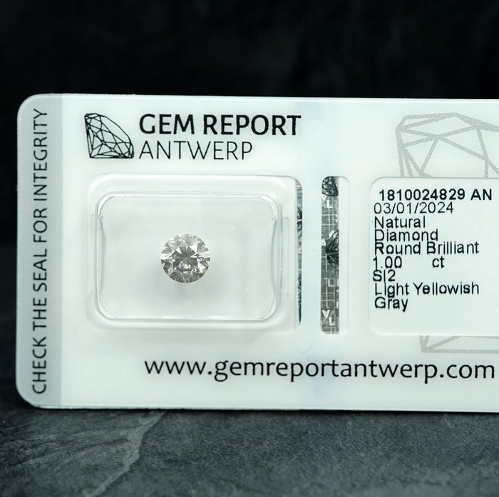 1 pcs Diamant  (Naturfarvet)  - 1.00 ct - Light Gullig Grå - SI2 - Gem Report Antwerp (GRA)