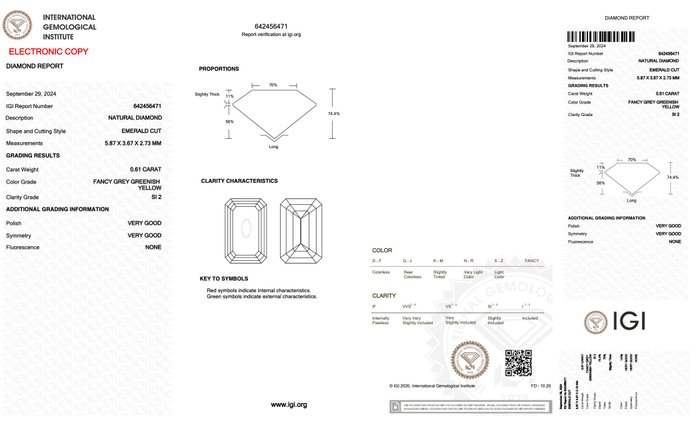 Ingen mindstepris - 1 pcs Diamant  (Naturfarvet)  - 0.61 ct - Smaragd - Fancy Grå, Grønlig Gul - SI2 - International Gemological Institute (IGI)