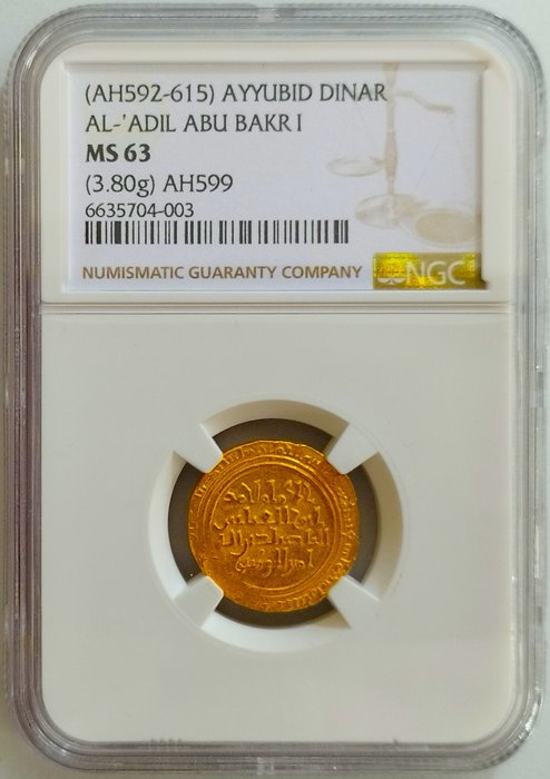 Islamiske stater - Ayyubid-dynastiet. Al-'Adil Abu Bakr I (AH592-615). Gold Dinar AH599 - in slab NGC MS 63 - Top Pop