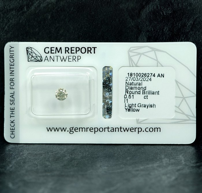 1 pcs Diamant  (Naturfarvet)  - 0.51 ct - Rund - Light Grålig Gul - I1 - Gem Report Antwerp (GRA)