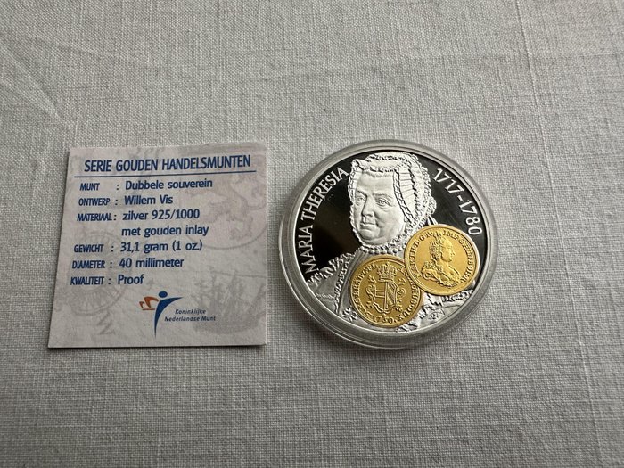 Hollandske Antiller. 10 Gulden 2001 Handelsmunt 'Maria Theresia' zilver met gouden inlay  (Ingen mindstepris)