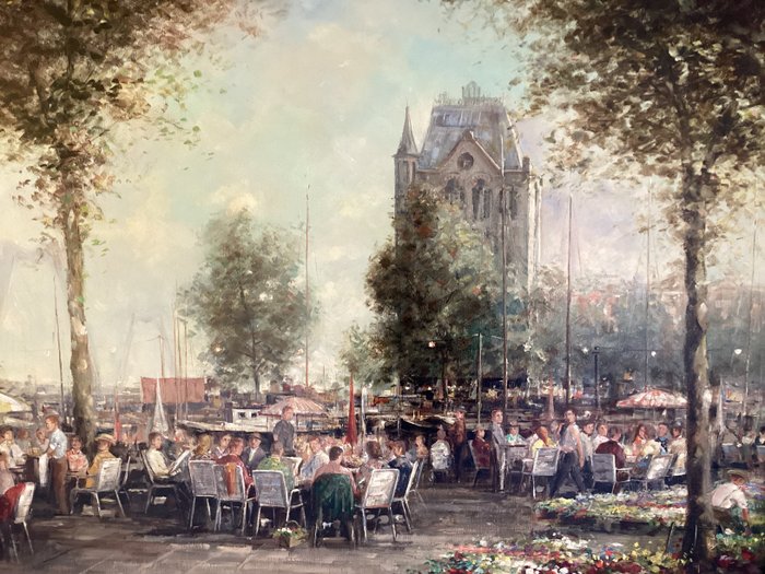 Johannes Josephus Hovener (1936-2021) - Stadsgezicht Rotterdam - terras met vele personen op de kade “onder de boompjes”