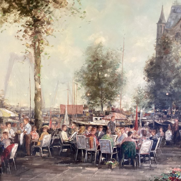 Johannes Josephus Hovener (1936-2021) - Stadsgezicht Rotterdam - terras met vele personen op de kade “onder de boompjes”