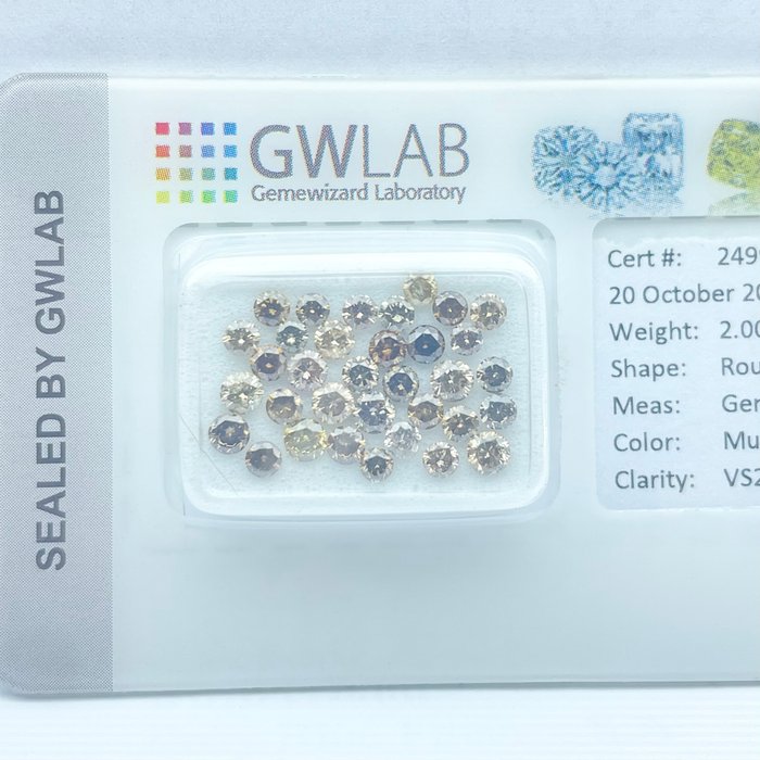 Ingen mindstepris - 34 pcs Diamant  (Naturfarvet)  - 2.00 ct - Rund Blandede farver - I1, SI1, SI2, SI3, VS2 - Gemewizard Gemological Laboratory (GWLab)