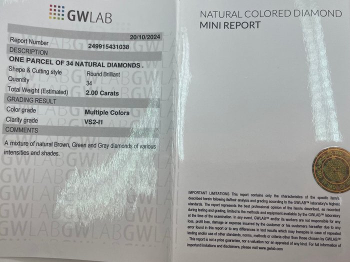 Ingen mindstepris - 34 pcs Diamant  (Naturfarvet)  - 2.00 ct - Rund Blandede farver - I1, SI1, SI2, SI3, VS2 - Gemewizard Gemological Laboratory (GWLab)