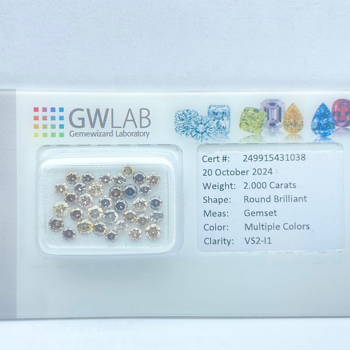 Ingen mindstepris - 34 pcs Diamant  (Naturfarvet)  - 2.00 ct - Rund Blandede farver - I1, SI1, SI2, SI3, VS2 - Gemewizard Gemological Laboratory (GWLab)