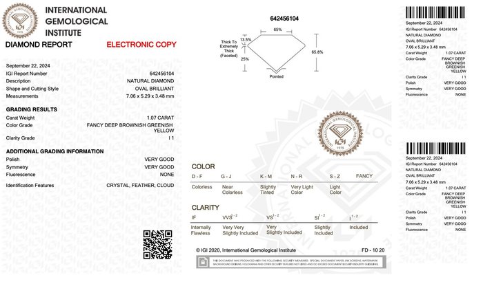 Ingen mindstepris - 1 pcs Diamant  (Naturfarvet)  - 1.07 ct - Oval - Fancy deep Brunlig, Grønlig Gul - I1 - International Gemological Institute (IGI)