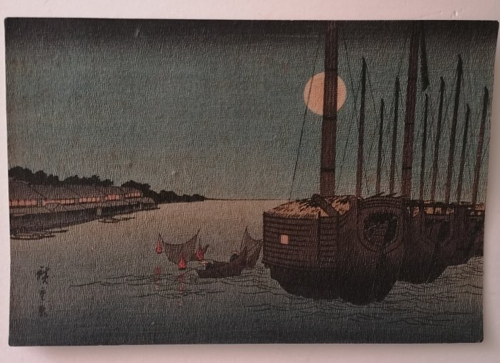 Chrimien-e (crepe print) (fūkeiga) a moonlight scene on a river with boats - Early 20th century - Utagawa Hiroshige (1797-1858) - Japan