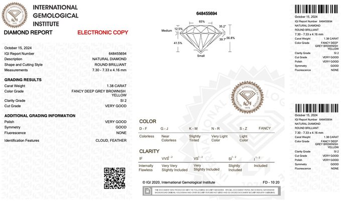 Ingen mindstepris - 1 pcs Diamant  (Naturfarvet)  - 1.38 ct - Rund - Fancy deep Brunlig, Grå Gul - SI2 - International Gemological Institute (IGI)