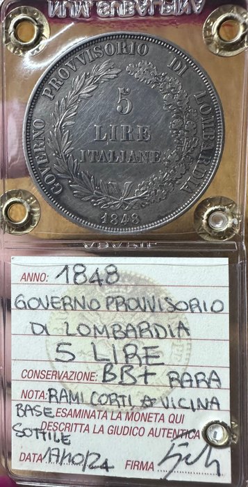 Italien, Lombardiets Provisoriske Regering. 5 Lire 1848  (Ingen mindstepris)