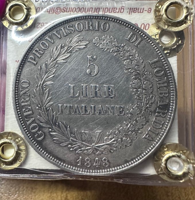 Italien, Lombardiets Provisoriske Regering. 5 Lire 1848  (Ingen mindstepris)