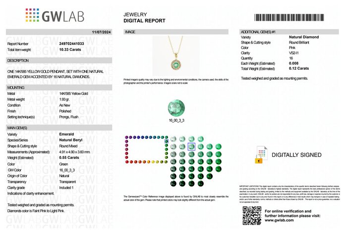 Ingen mindstepris - Halskæde med vedhæng - 14 karat Gulguld -  067ct tw Smaragd - Diamant - GWLab