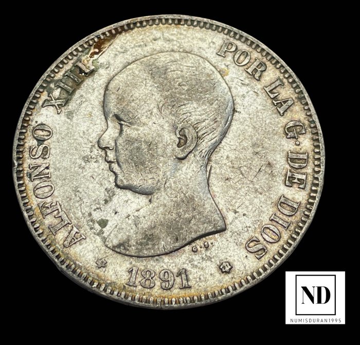 Kongeriget Spanien. Alfonso XIII (1886-1931). 5 Pesetas 1891 - Madrid  (Ingen mindstepris)