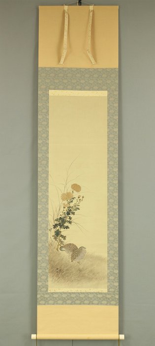 Chrysanthemum and Two Quail - with signature and seal 'Keinen' 景年 - Japan  (Ingen mindstepris)