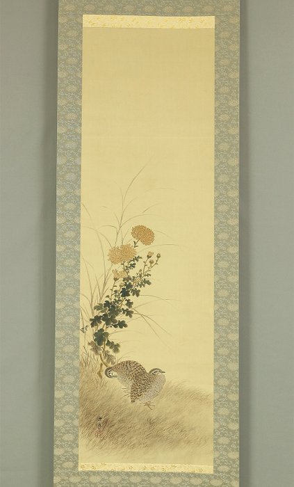 Chrysanthemum and Two Quail - with signature and seal 'Keinen' 景年 - Japan  (Ingen mindstepris)