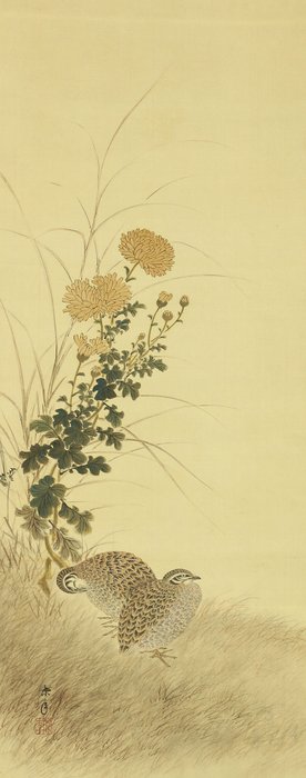 Chrysanthemum and Two Quail - with signature and seal 'Keinen' 景年 - Japan  (Ingen mindstepris)