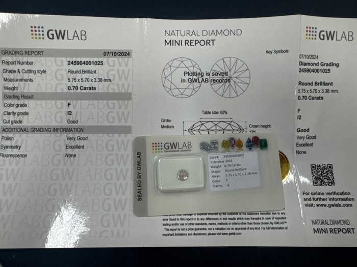 Ingen mindstepris - 1 pcs Diamant  (Natur)  - 0.70 ct - Rund - F - I2 - Gemewizard Gemological Laboratory (GWLab)