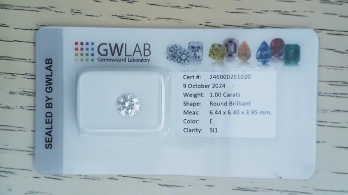 Ingen mindstepris - 1 pcs Diamant  (Natur)  - 1.00 ct - Rund - E - SI1 - Gemewizard Gemological Laboratory (GWLab)