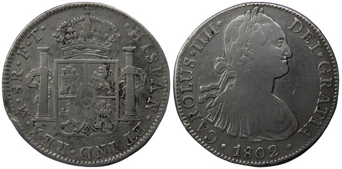 Spanien. Carlos IV (1788-1808). 8 Reales Acuñados en México en 1802. Ensayadores F·T