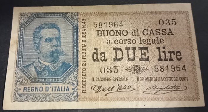 Italien. - 2 Lire 21/09/1894 - Gigante BS 6B