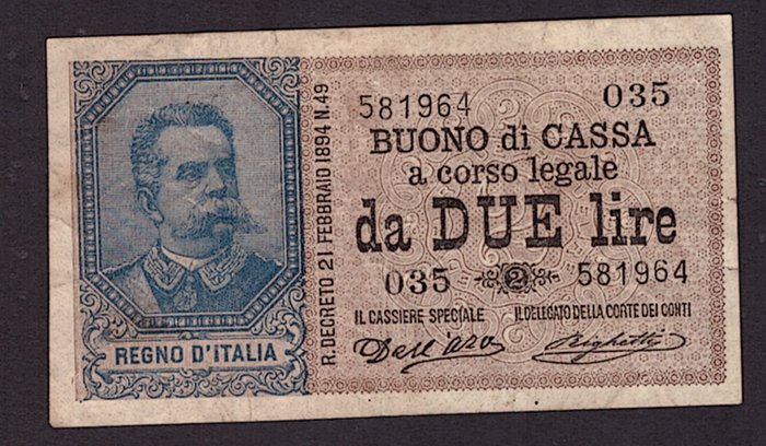 Italien. - 2 Lire 21/09/1894 - Gigante BS 6B