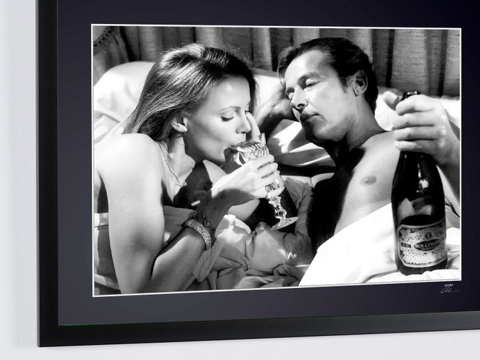 James Bond 007: Octopussy - Roger Moore  Kristina Wayborn drink Bollinger Champagne - Fine Art Photography - Luxury Wooden Framed 70X50 cm- Limited Edition Nr 06 of 50 - Serial ID 20064 - Original Certificate (COA), Hologram Logo Editor and QR Code - 100% New items.