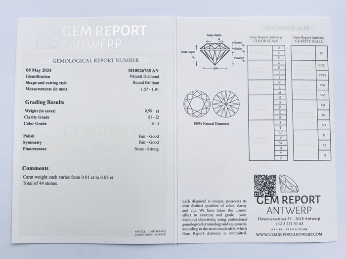 Ingen mindstepris - 44 pcs Diamant  (Natur)  - 0.99 ct - Rund - E, I - I1, I2, SI1, SI2 - Gem Report Antwerp (GRA)