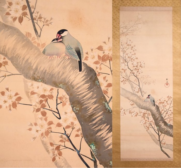 Spring Kacho-ga 花鳥画 - Cherry blossoms and 2 Little Birds - Hanging Scroll - Hugetsu 抱月 - Japan  (Ingen mindstepris)